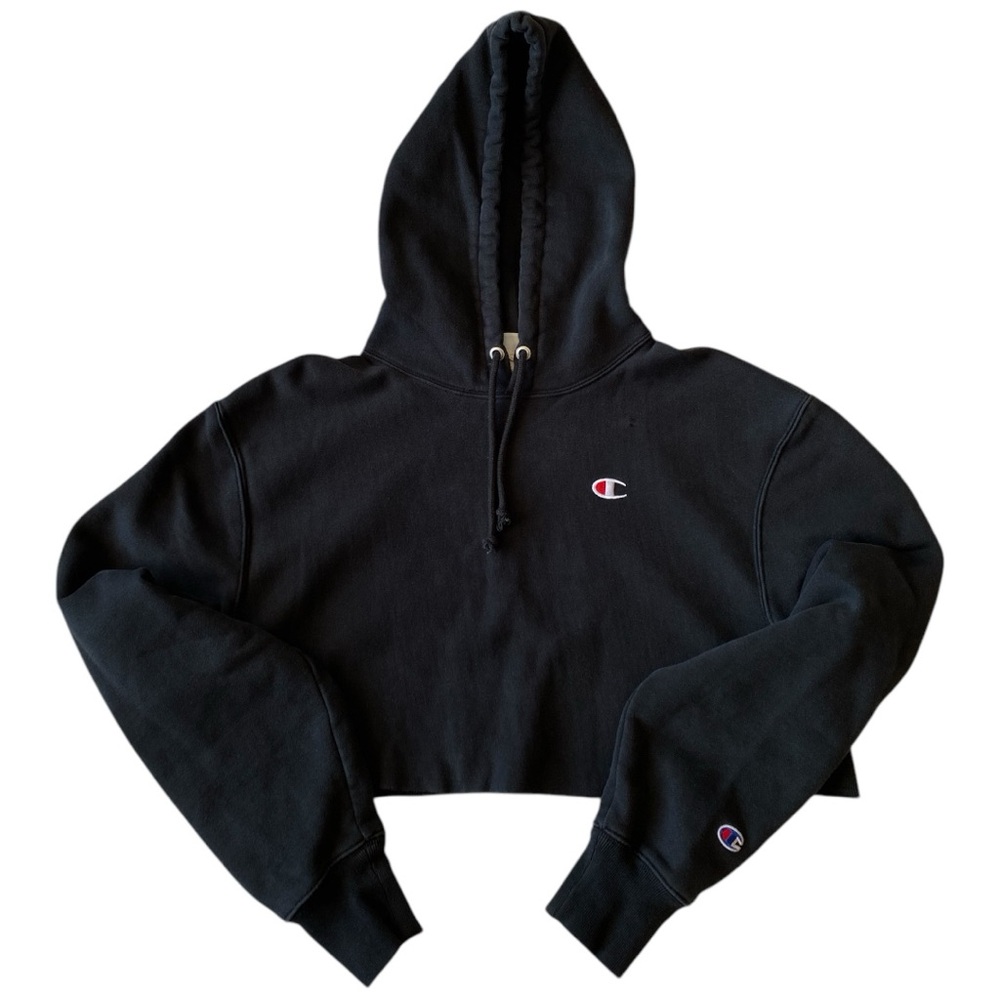 champion women’s black reverse weave cropped cut-off hoodie, size M